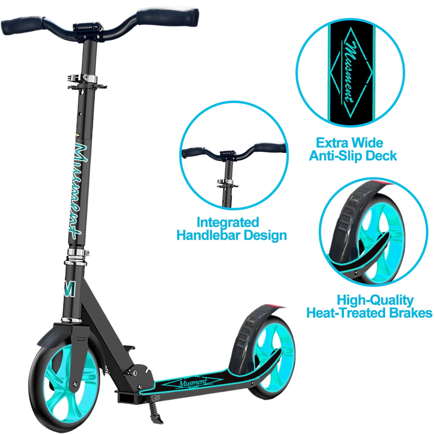 Foldable Scooter -200mm Big Wheels 4 Levels Height Adjustable for Kid, Teens  - Unisex, Black