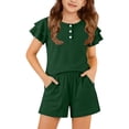 thumbnail image 5 of EnJoCho Girls Summer Outfit 2 Piece Kids Double Sleeve Button T-Shirt Baggy Cotton Elastic Waist Shorts Set Cute Casual Plain Outfit Girls Shirt and Shorts Set Kindergarten Starter Pack, 5 of 6