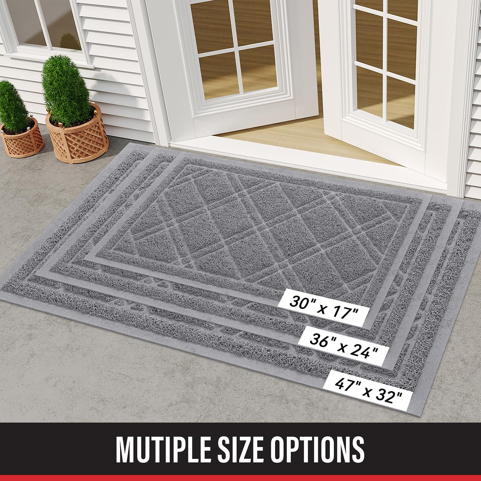 Buganda Door Mat Outside, Heavy Duty Dirt Trapper Doormat, Non Slip Low Profile Mat for Inside, 17"x30", Grey