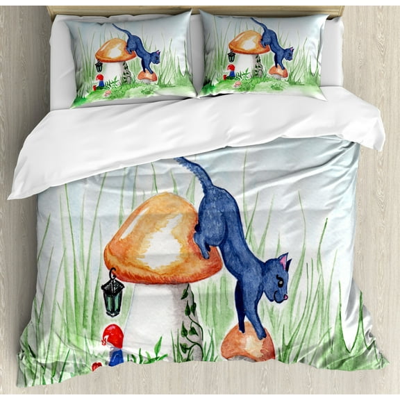 Animal Duvet Cover Set Queen Size, Little Cartoon Cat Black in a Mushroom Garden with Leaves and Flowers Artwork Print, Decorative 3 Piece Bedding Set with 2 Pillow Shams, Multicolor, by Ambesonne
