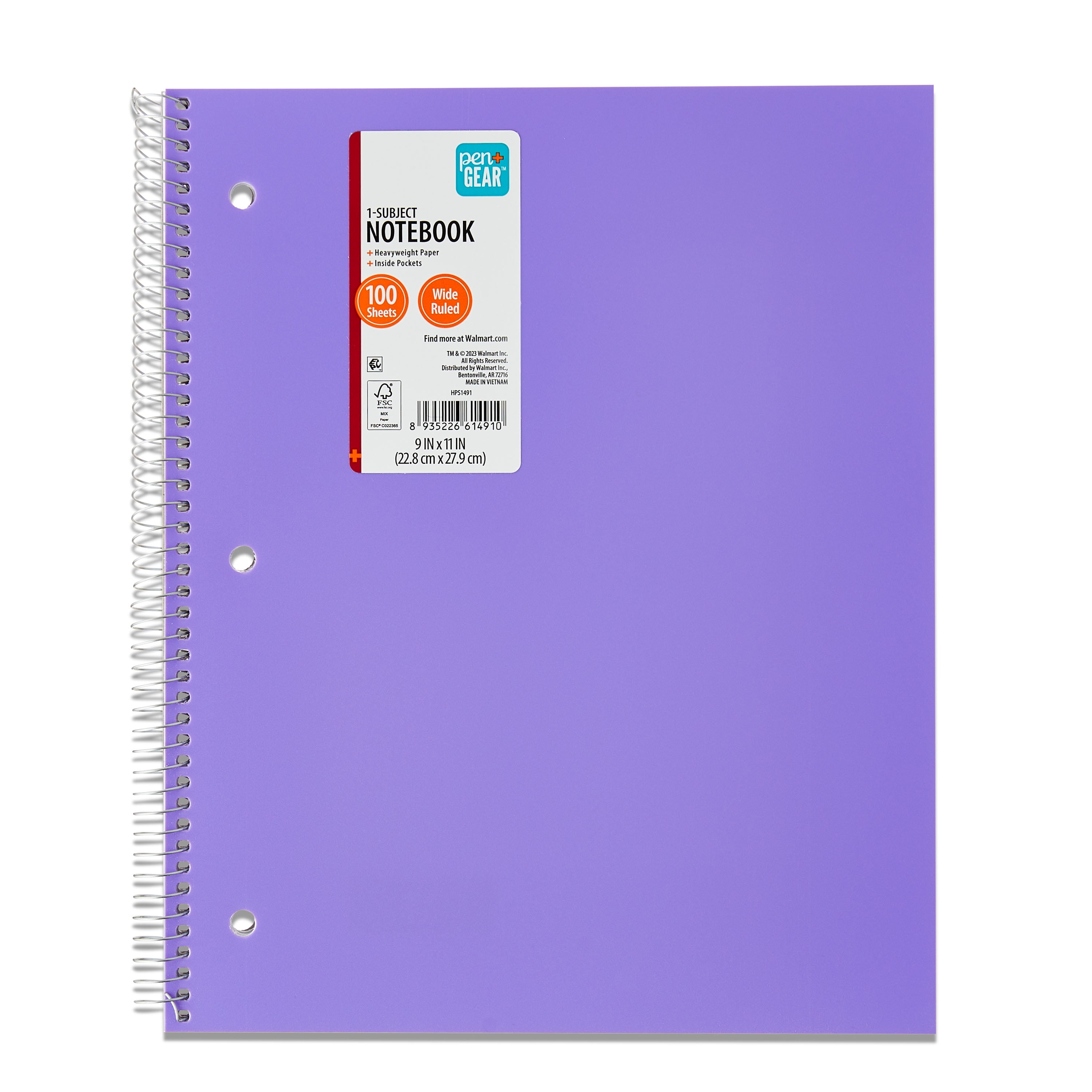 (4 pack) Pen + Gear Wide Ruled Poly 1-Subject Notebook with Inside Pockets, 9" x 11", Purple, 100 Heavyweight Sheets