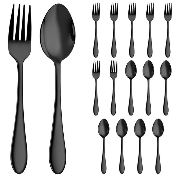Walchoice 16Piece Black Fork and Spoon Set, Stainless Steel Silverware