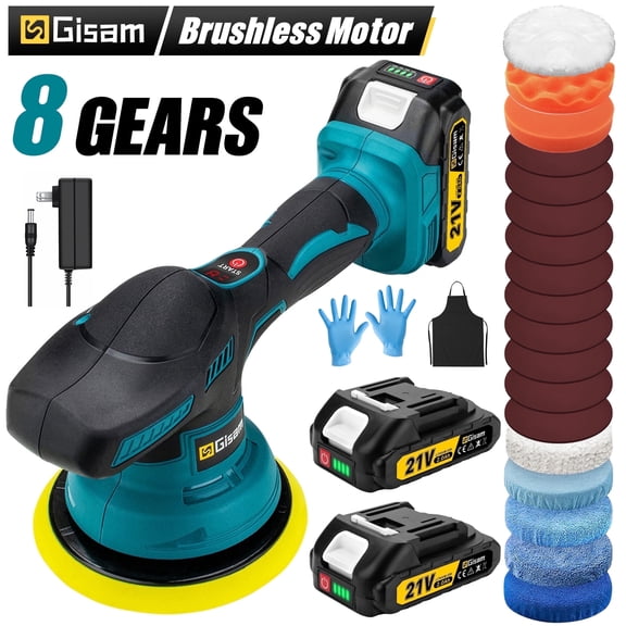 Gisam Cordless Car Buffer Polisher, 8 Variable Speed Auto Orbital Polishing Kit, with 2*21V 2.0Ah Battery for Car Wood Detailing/Polishing/Waxing/Scratch Removing