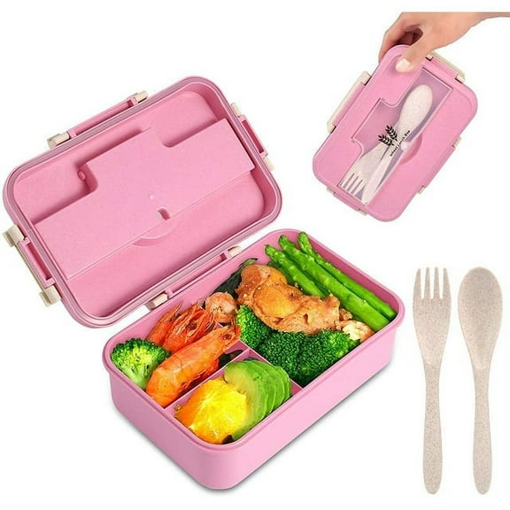 Bento Box For Adults Lunch Box With 3 Compartment,Wheat Fiber Leak Proof Food Container With Spoon & Fork,1200ML Lunch Boxes Containers For Men Women (Pink)
