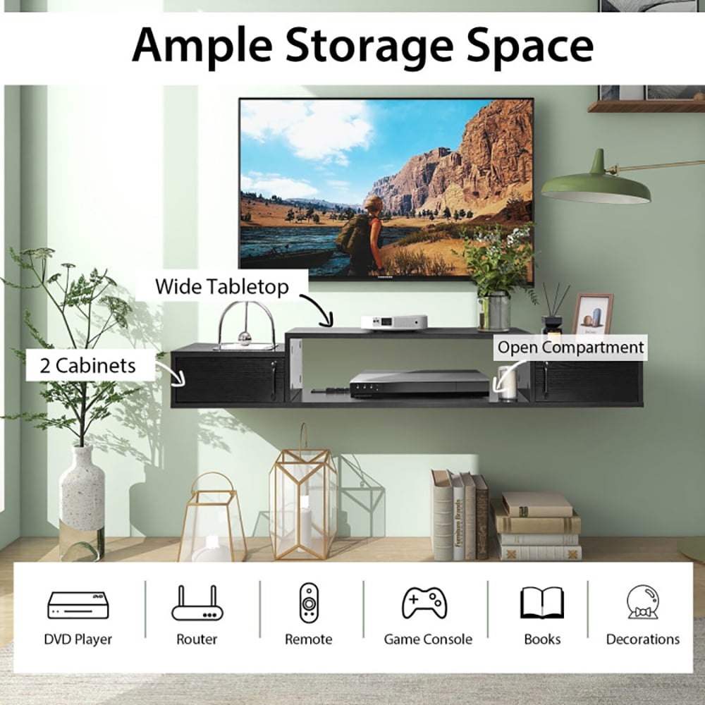 Finihen TV Stand, TV Cabinet, 55 Inches Floating TV Stand with Power Outlet, Media Entertainment Center with Storage, for Living Room, Bedroom, Black