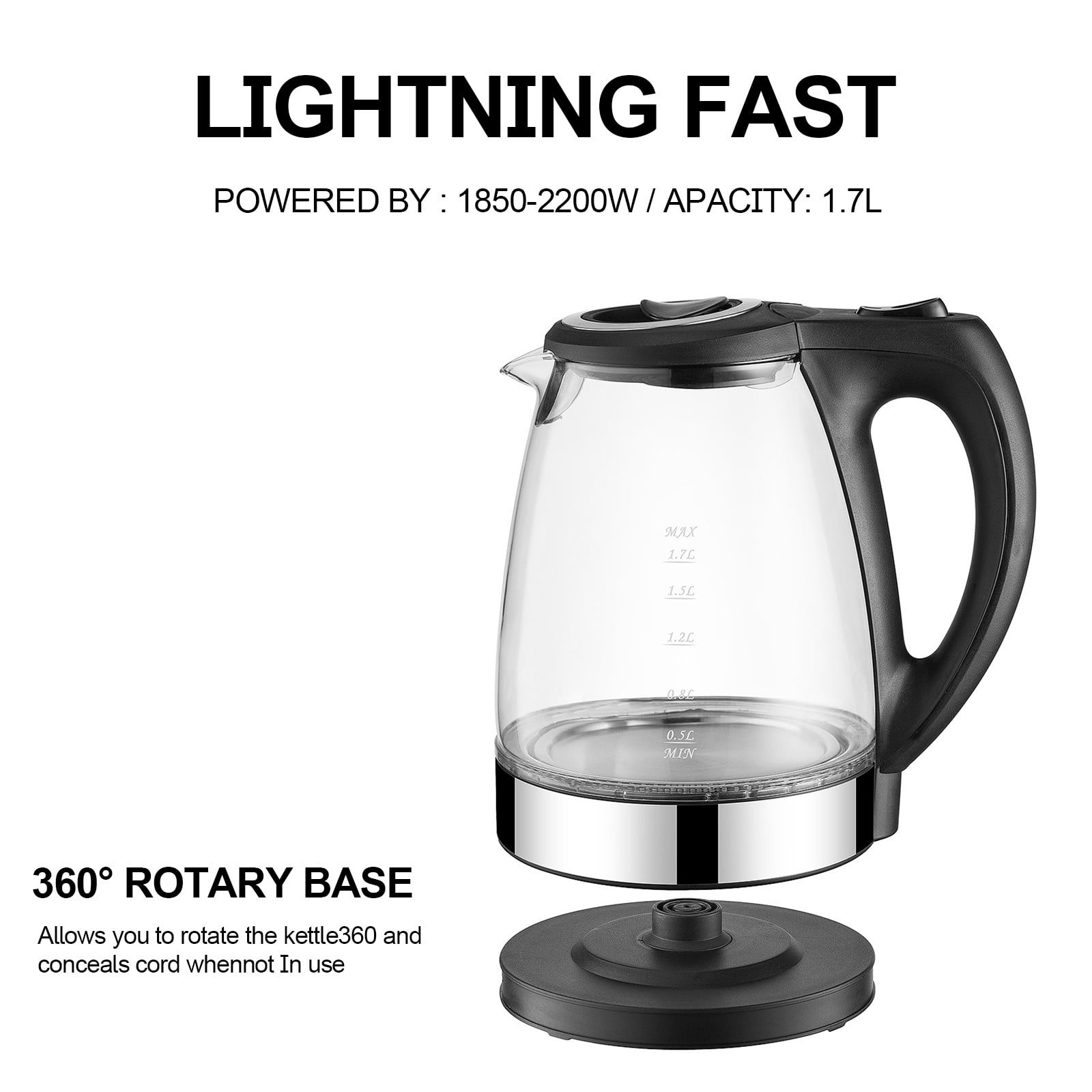 Taotanxi Speed-Boil Electric Kettle for Coffee & Tea - 1.7L Water Boiler 2000W, Borosilicate Glass, Easy Clean Wide Opening, Auto Shut-Off, Cool Touch Handle, 360° Rotation, Boil Dry Protection