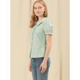 thumbnail image 4 of Blusa de manga abullonada floral con cuello en punta de camisa abotonada para mujer Verde M, 4 of 6