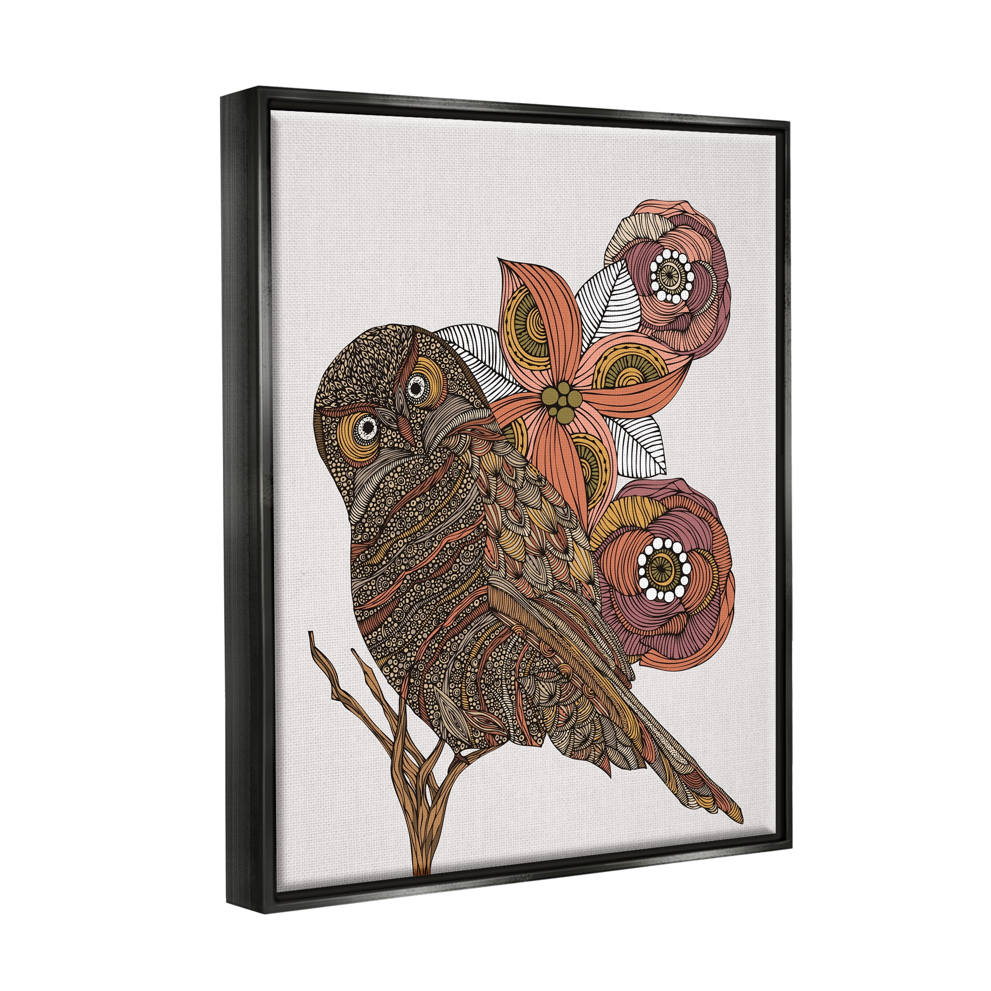 Stupell Industries Elaborate Patterned Owl Flower Blossom Stripes Detail Graphic Art Jet Black Floating Framed Canvas Print Wall Art, Design by Valentina Harper
