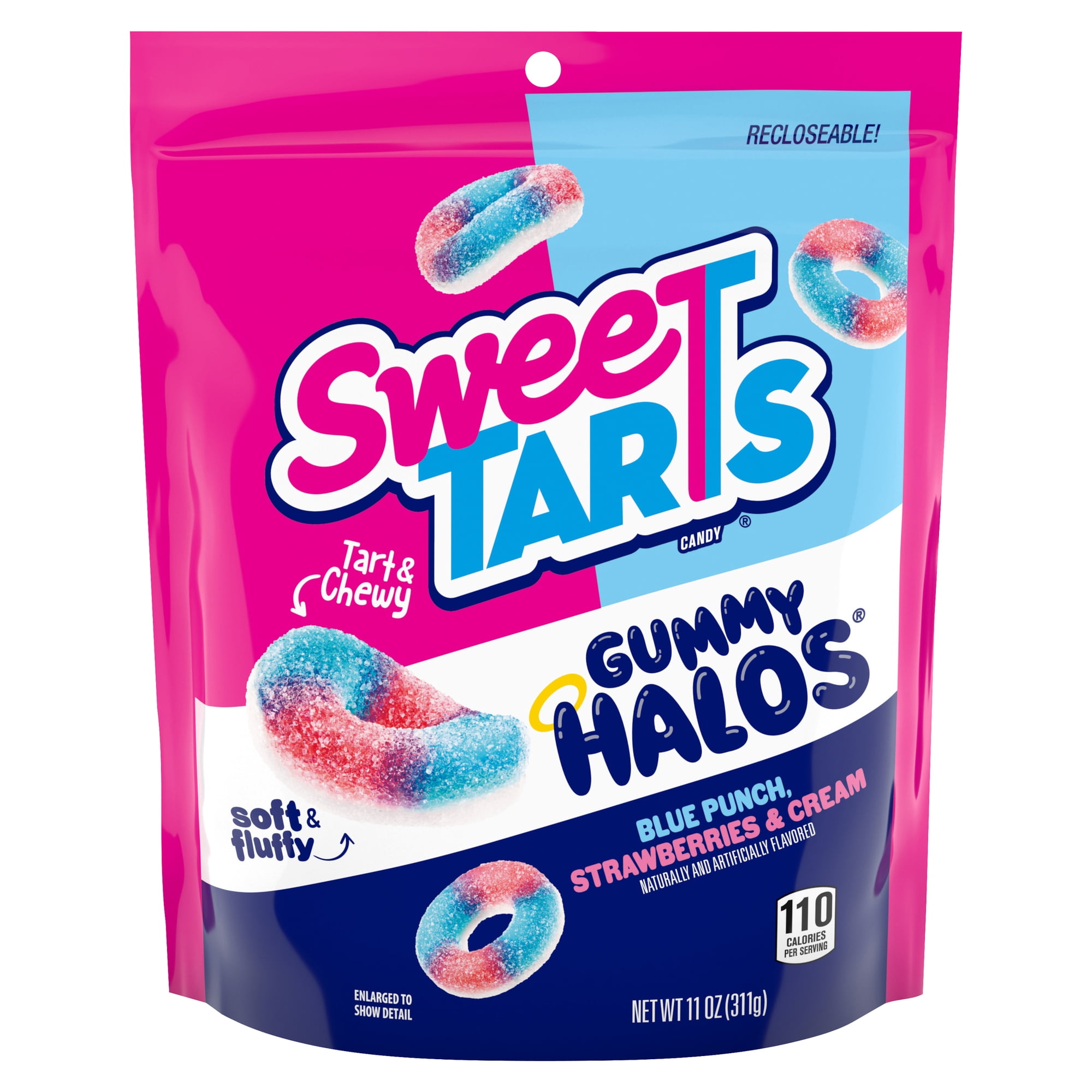SweeTARTS Gummy Halos, Candy, Blue Punch and Strawberries and Cream, Tart and Chewy, Soft and Fluffy, 11 oz Bag