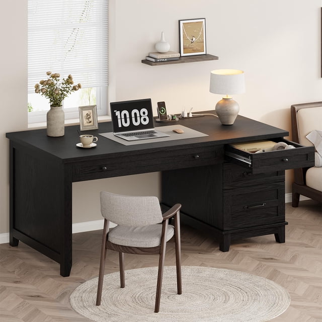 QinaQin Farmhouse-Style Office Desk with Charging Station and File Drawers | 53.5-Inch Wooden Computer Desk with Built-In USB Ports for An Executive Computer Workspace In a Home Office