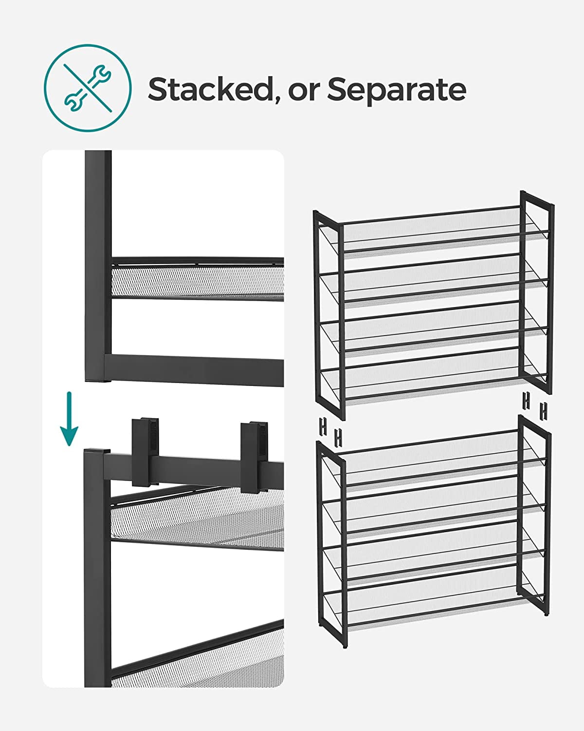 SONGMICS Shoe Rack, 8-Tier Shoe Organizer, Metal Shoe Storage for Garage,  Entryway, Set of 2 4-Tier Stackable Shoe Shelf, with Adjustable Flat or  Angled Shelves, Holds 32-40 Pairs