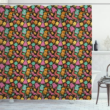 Ambesonne Cartoon Shower Curtain, Colorful Monster Pattern, 69"Wx70"L, Multicolor