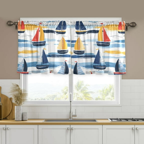 Yayeee Kitchen Curtains Tier Set of 2 Light Filtering 57"x24" Over Sink Window Panels, Orange Hand Drawn Sailboats