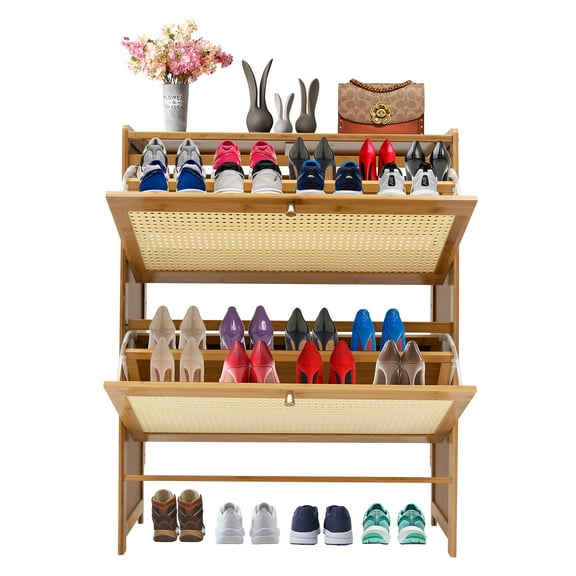 3 Tier Rattan Shoe Storage Cabinet Free Standing Entryway Shoes Rack with 2 Flip Doors