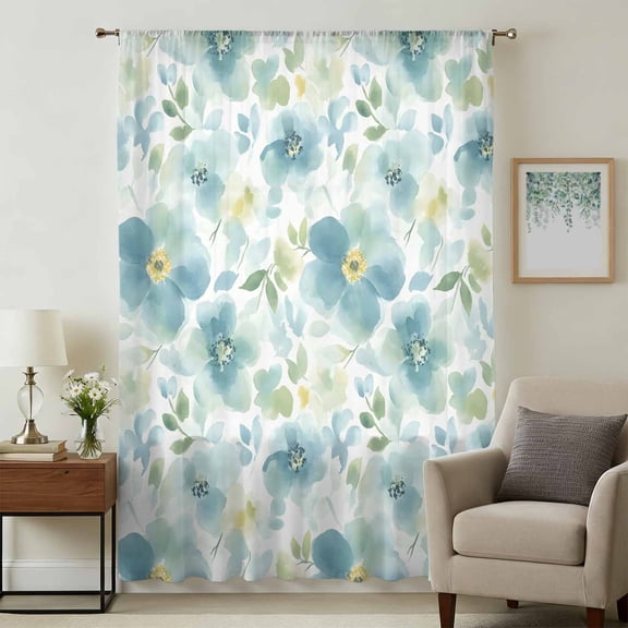 Teal Blue Flower Sheer Curtains 84 Inches Long, Abstract Garden Botanical Leaves Light Filering Curtains, Breathable Simi Curtain Privacy Drapes for Living Room Bedroom Lightweight Window Treatment