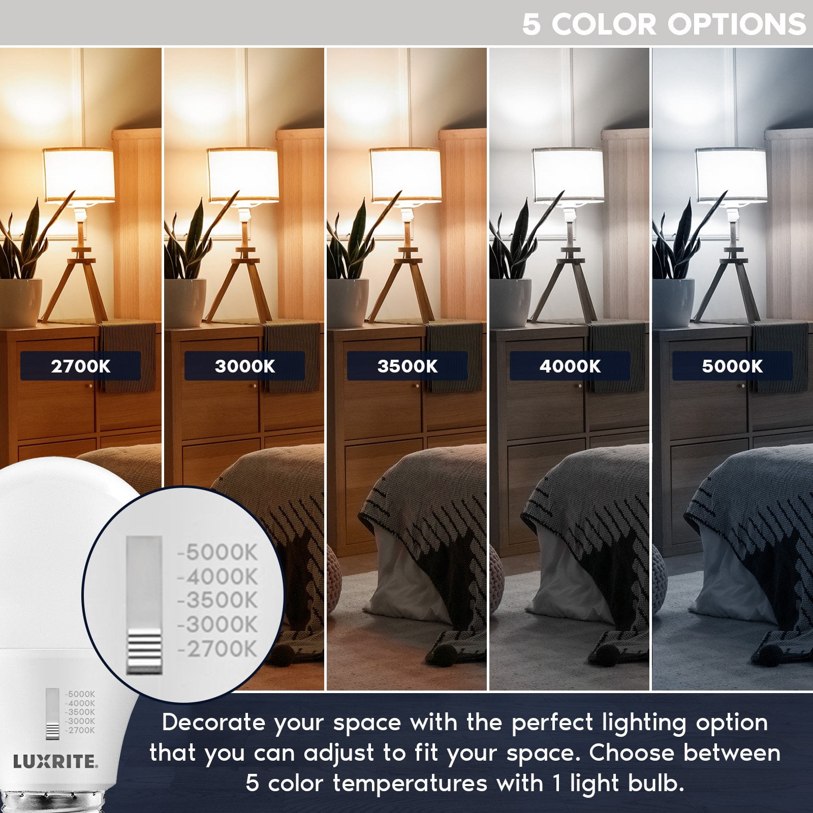 Luxrite A19 LED Light Bulb 60 Watt Equivalent CRI90 5CCT Dimmable 800LM 9W E26 Base ETL 6 Pack