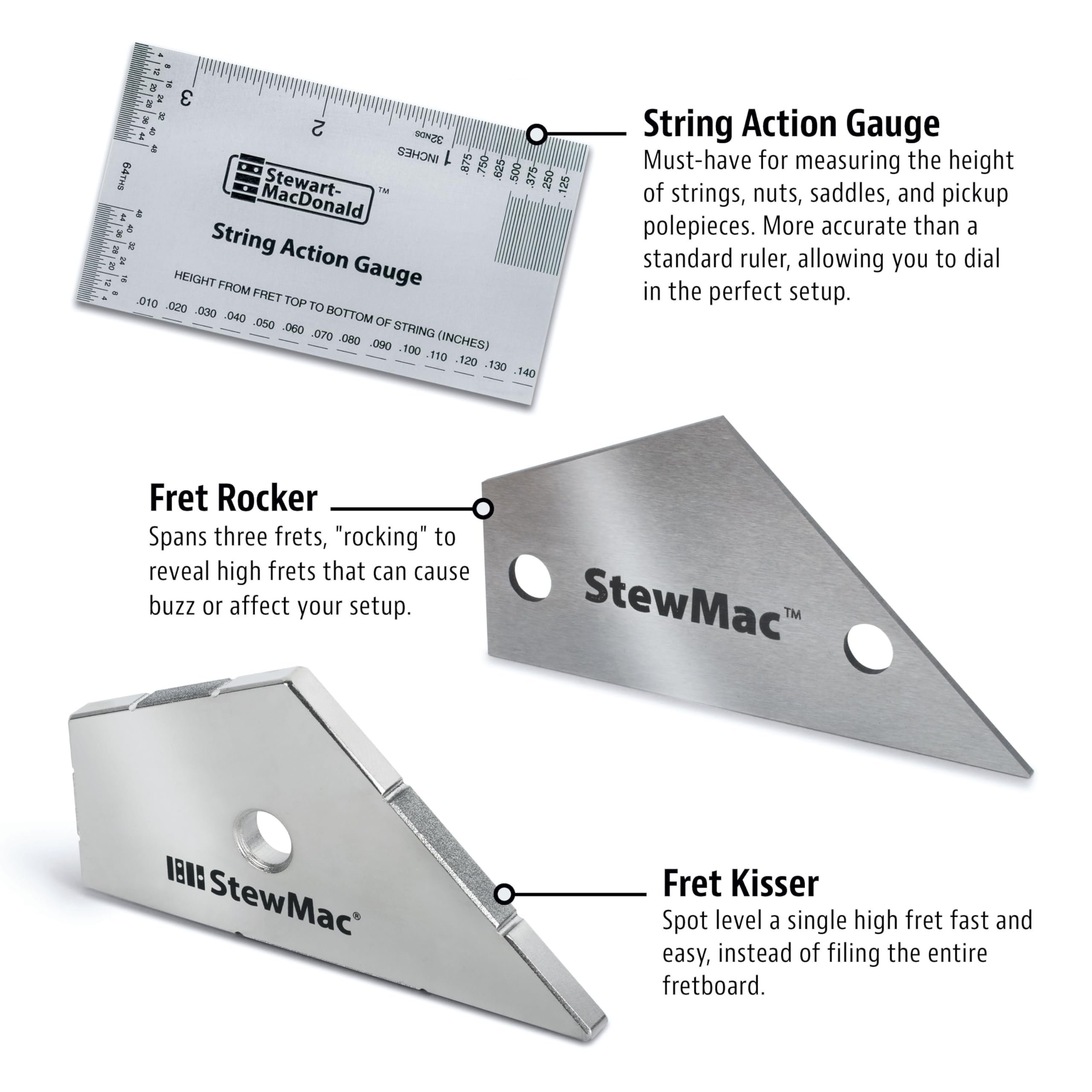 StewMac Precision Fret Guitar Tool Trio, Imperial  String Action Gauge, Fret Rocker, Fret Kisser for Guitar Setup & Repair