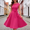 thumbnail image 2 of Womens Short Sleeve Dress Crew Neck Solid Color Tie Waist Midi Elegant Party Dress Hot Pink XL, 2 of 6