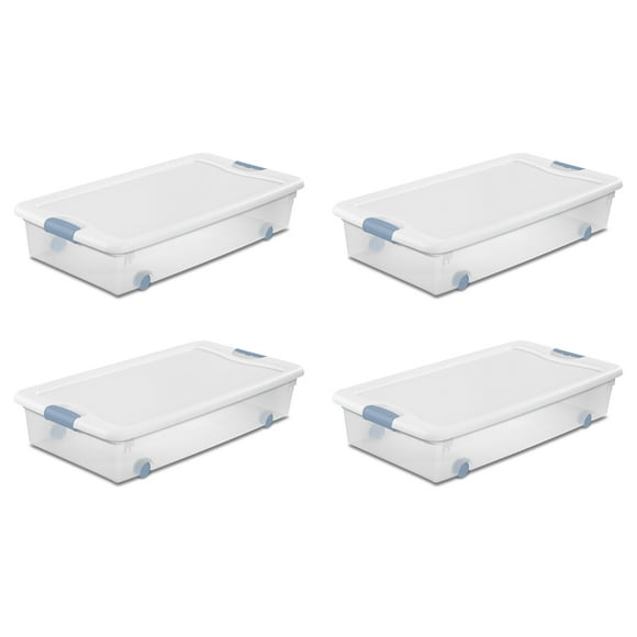 Sterilite 4-Pack 56 Qt. Wheeled Latching Box, Underbed Clear Plastic Rolling Storage Bin