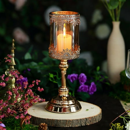 Lace Hurricane - Efavormart Gold Lace Design Amber Glass Hurricane Candle Holder Table Centerpiece