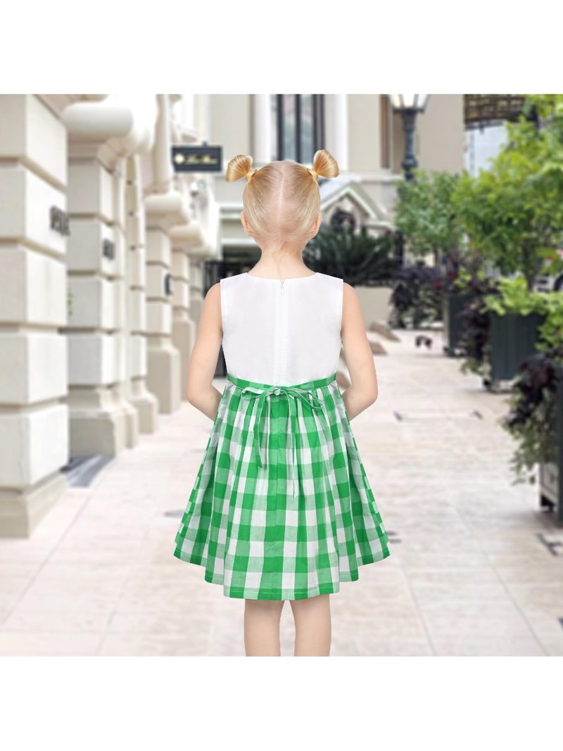 Sunny Fashion Girls Dress Green Gingham Check Back Ribbon Tie Sleeveless Summer Sundress Casual Holiday 7-8 Years
