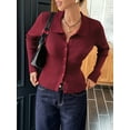 thumbnail image 6 of Women Long Sleeve Button Down Ribbed Knit Cardigan Shirt Casual Slim Fit Collared Sweater Top Dark Red M, 6 of 9