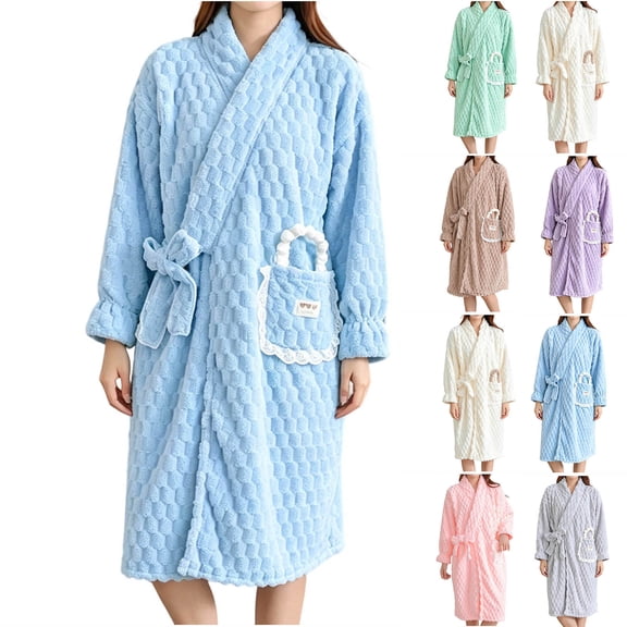 Asxite Womens Robe Solid Fleece Long Sleeve Pocket Lace Detail Wrap Belt Mid Length Bathrobe