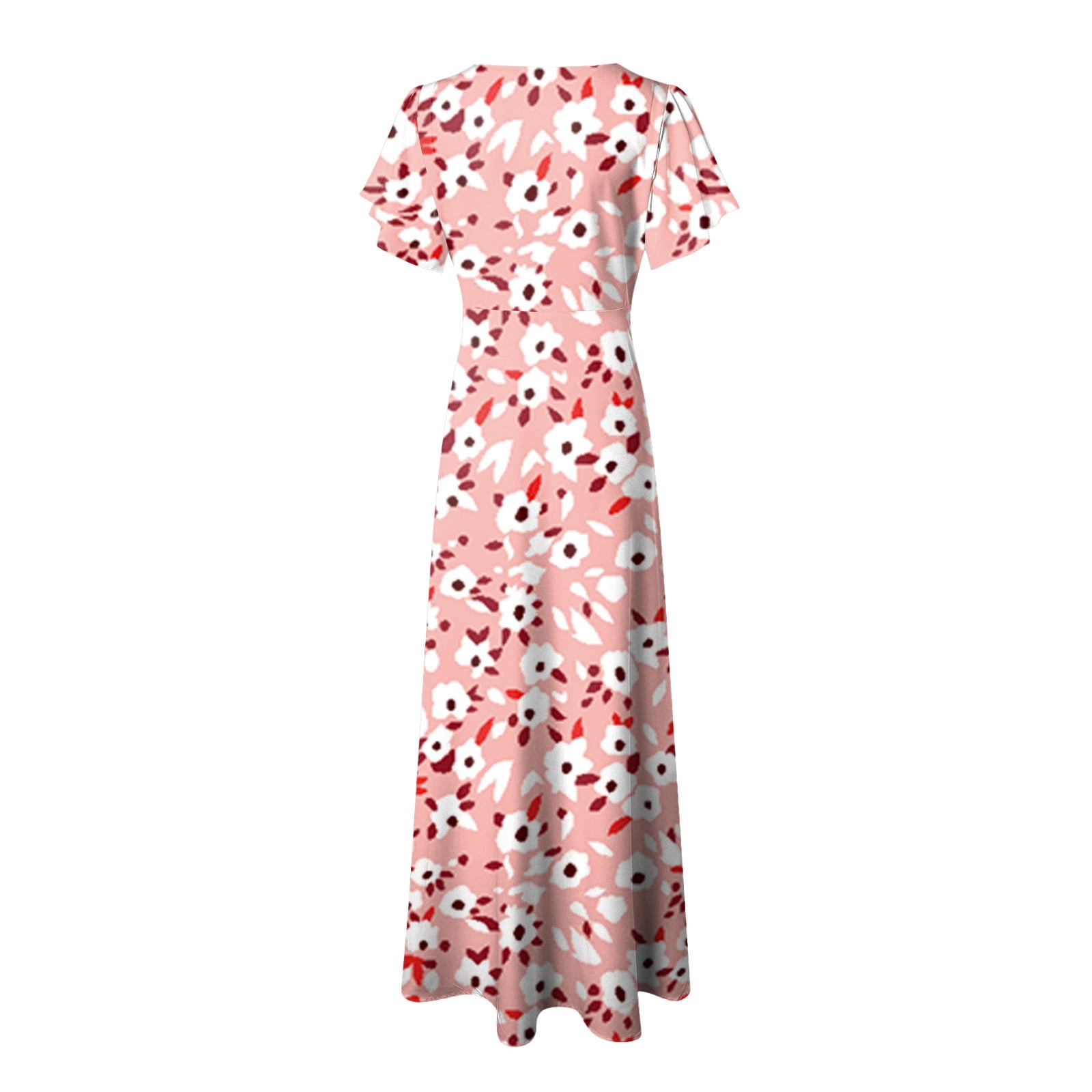 vigerkar Women's Flowy Chiffon Maxi Dress  Floral Print, V-Neck, Short  Sleeve with Ruffled Hem & Waist Tie, Boho Beach Dress Pink, L - Walmart.com