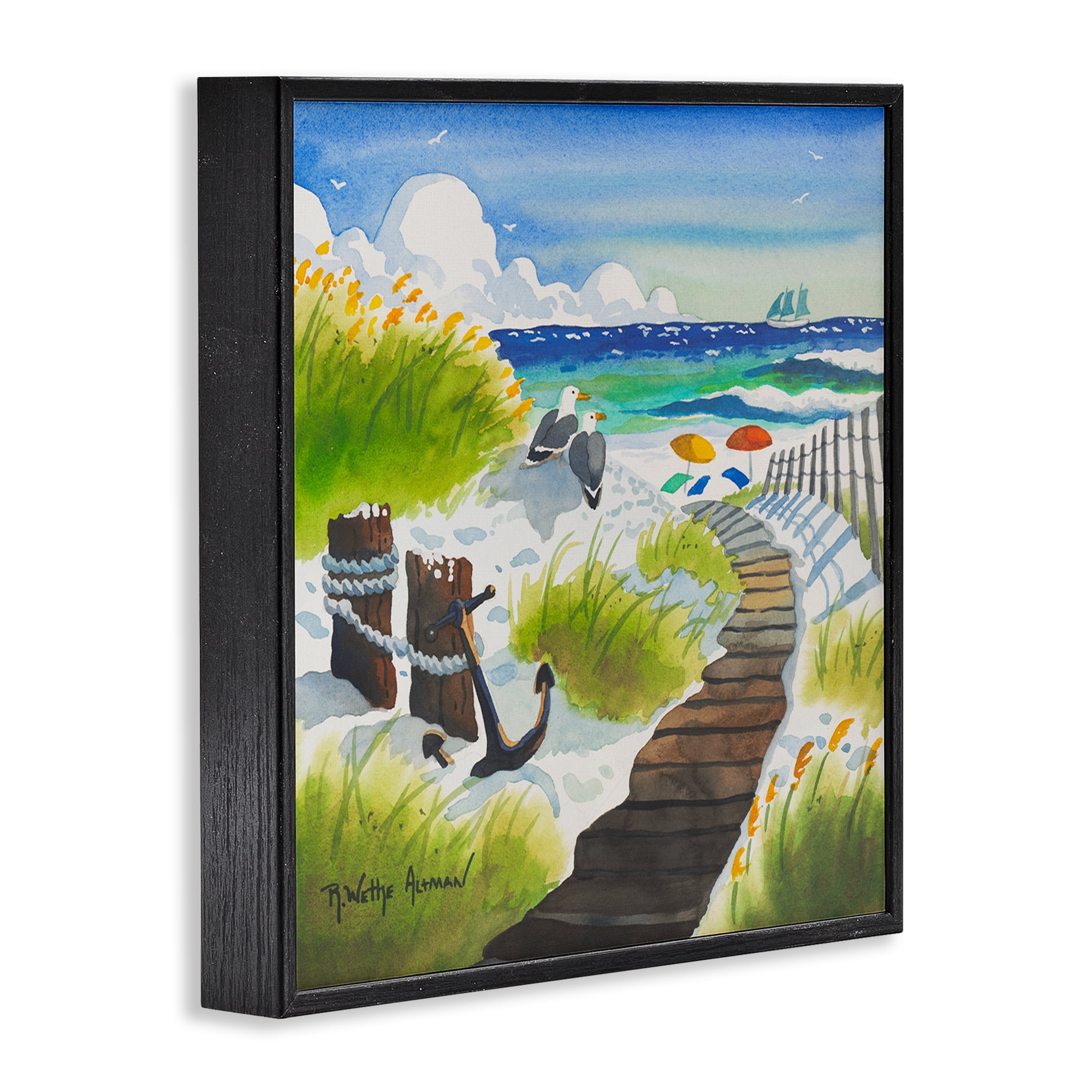 Stupell Industries Seagull & Anchor on Shore Black Framed Giclee Art, design by Robin Altman