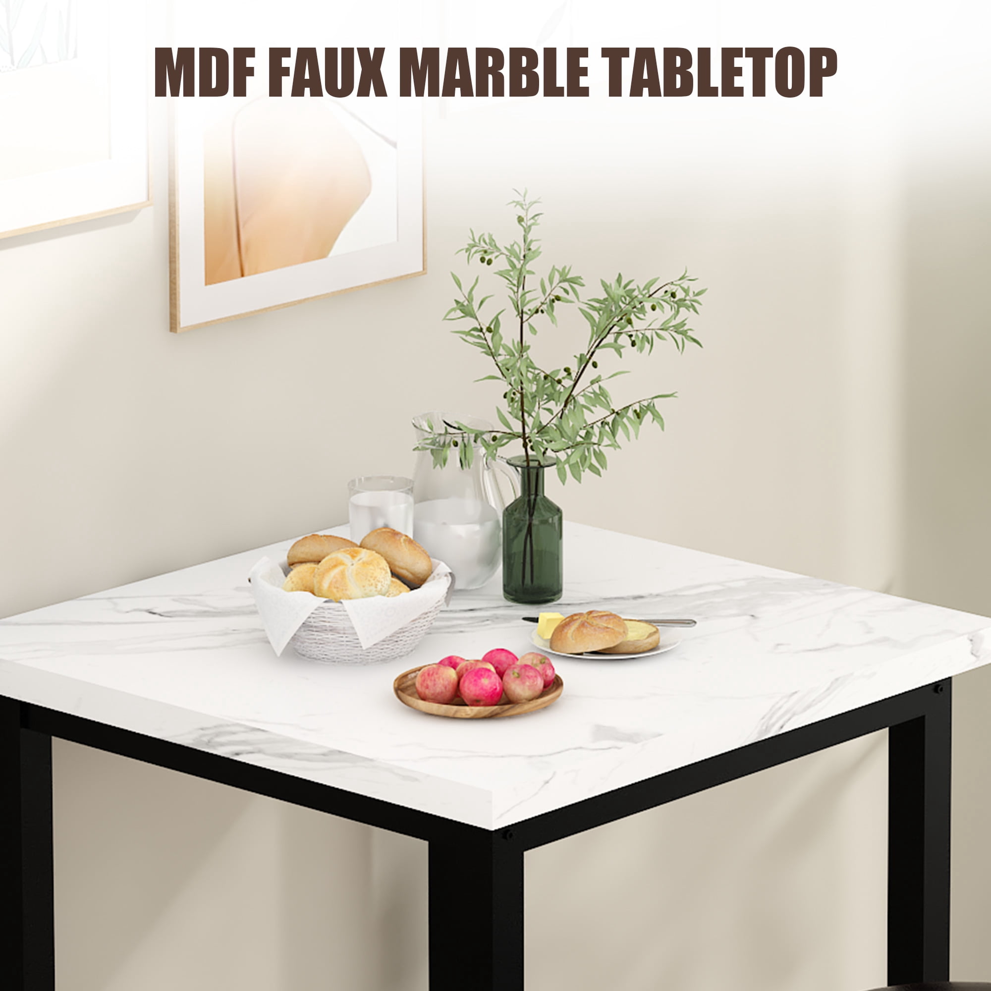 MIERES Square Marble Dining Table Set, 2-Seater Kitchen Dining Set with Two Bar Stools, Compact Dining Table, White