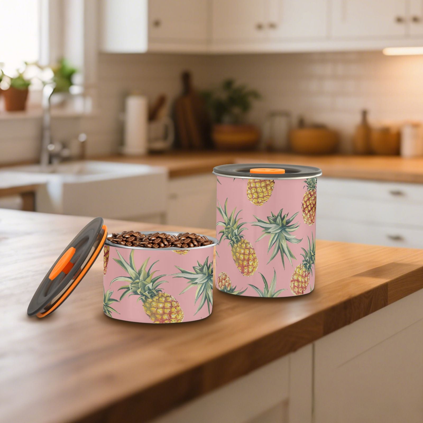 Pineapple Pink Airtight Coffee Bean Canister 30oz Food Storage Containers with Lids For Gournd, Tea, Sugar, Flour, Rice, Cereal, Candy Cookie Jar