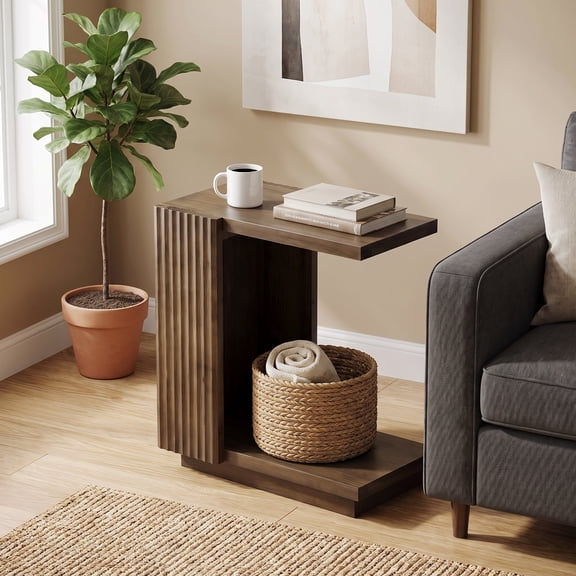 Fnova 23.62" Solid‑Wood End Table, Fluted‑Panel C‑Shaped 2‑Tier Side Table, Space‑Saving Accent Table for Living Room, Bedroom & Home Office