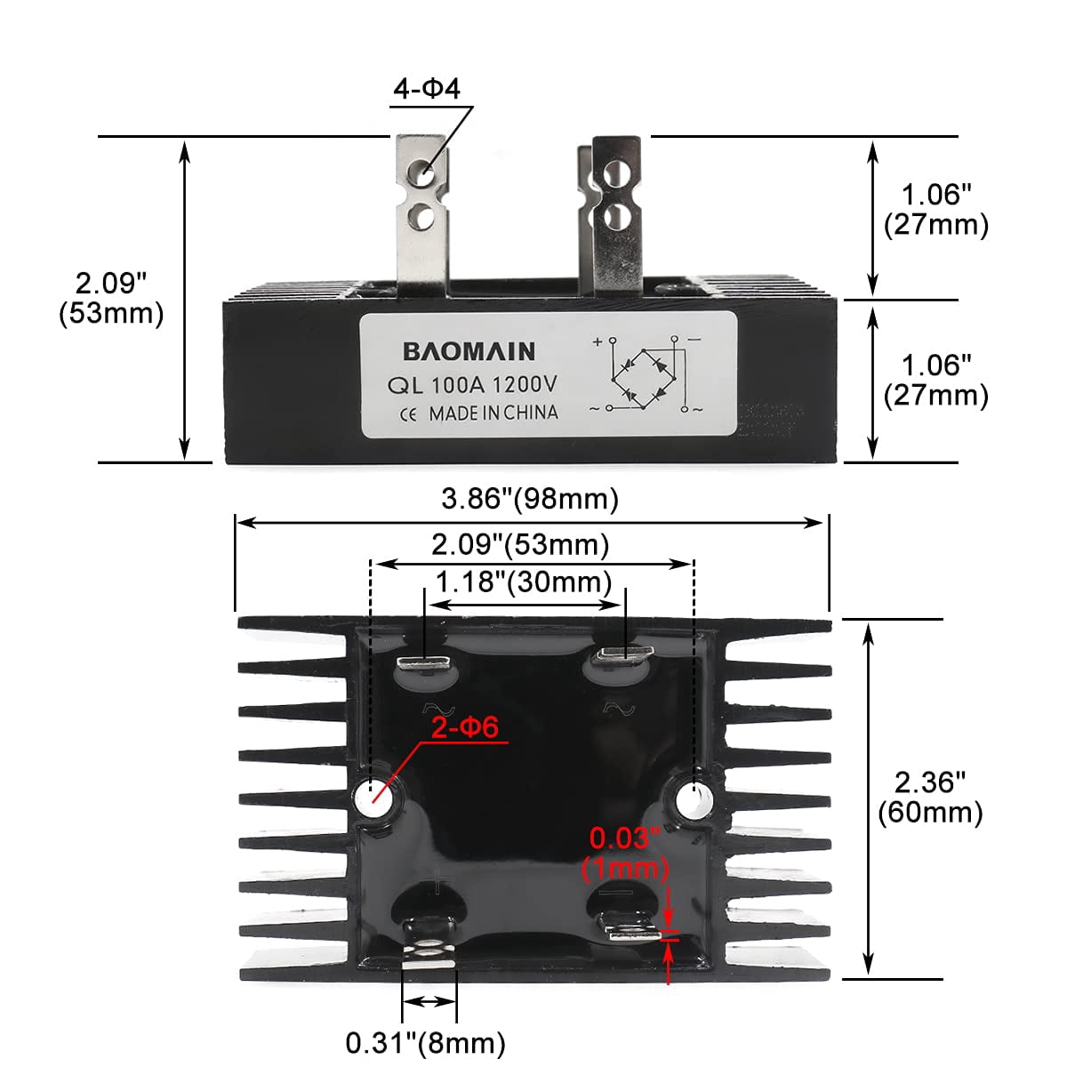 Baomeng 100 ampere 1200 volt diode bridge rectifier metal 100