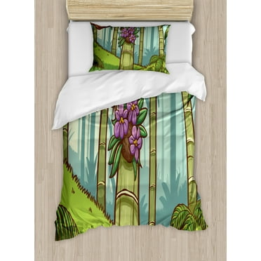 Orchids Duvet Cover Set Twin Size, Rainforest Foliage Fern Monstera Split Leaf Exotic Nature Bloom Design, Decorative 2 Piece Bedding Set with 1 Pillow Sham, Olive Green Night Blue, by Ambesonne