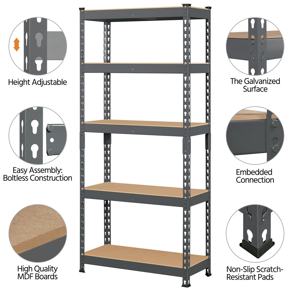Yaheetech 5 Tiers Boltless Storage Shelf Goods Rack for Home Warehouse, Dark Gray