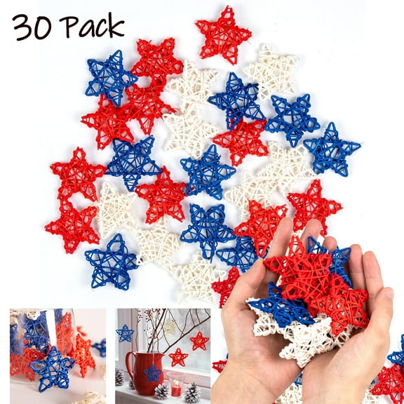 Asunby 30pcs 4th of July Star Rattan Decoration, Red Blue White Stars for 4th of July Independence Day Home Decor DIY Craft Vase Bowl Filler Table Decoration
