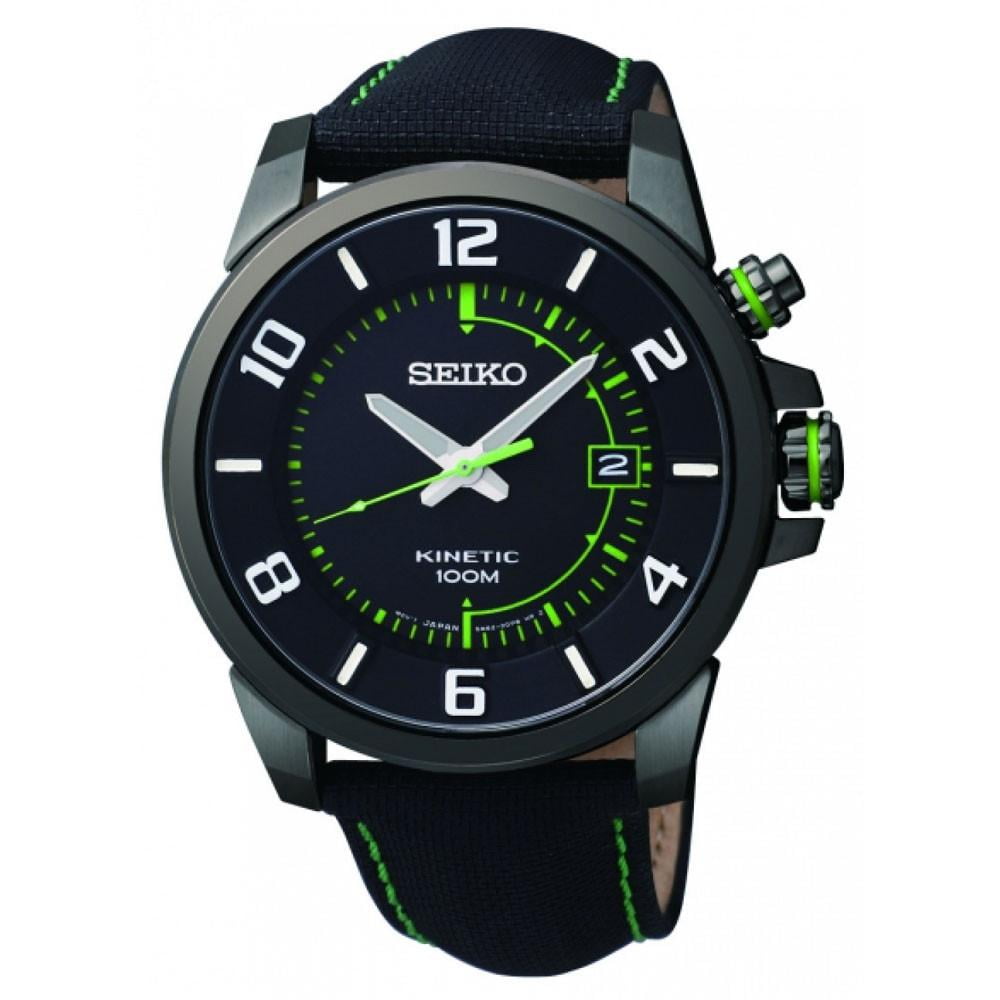 Seiko Men's SKA557 Kinetic Black Dial Black Fabric & Leather Strap