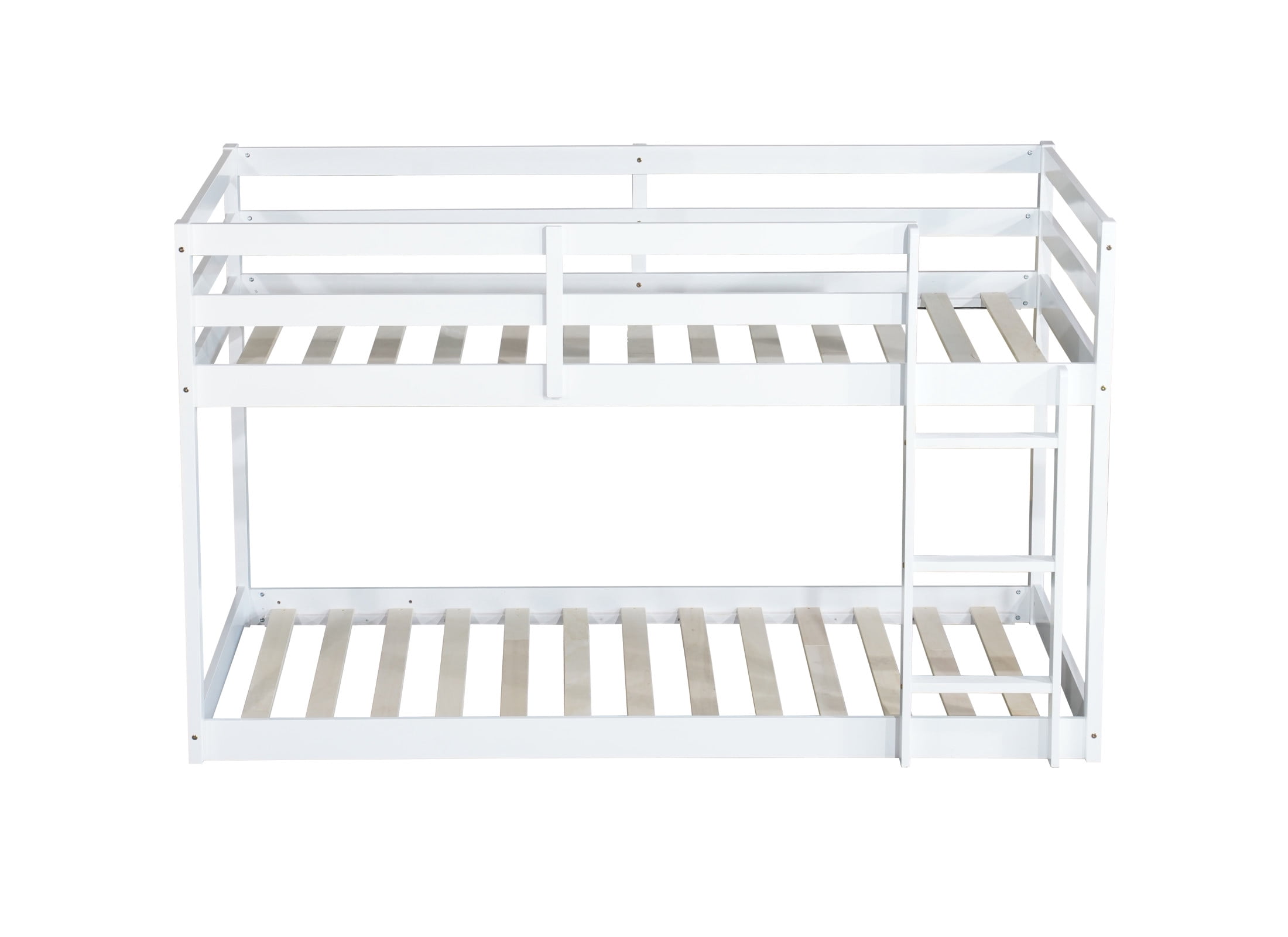 Noble House Alina Twin Over Twin Floor Bunk Bed with Ladder, Solid Rubber Wood Frame with Strengthened Slats, White