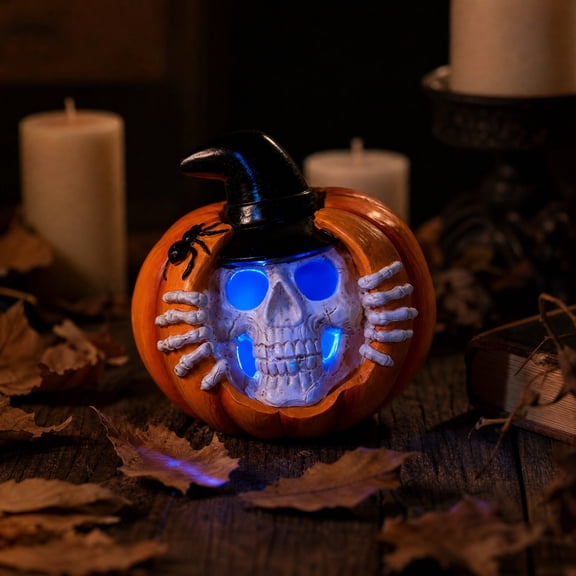 Halloween Skull Pumpkin LED Lamp, Resin Jack O Lantern Table Light with Witch Hat, Battery Powered Desktop Decoration for Home, Mantel, Shelf, Party, Indoor Halloween Decor