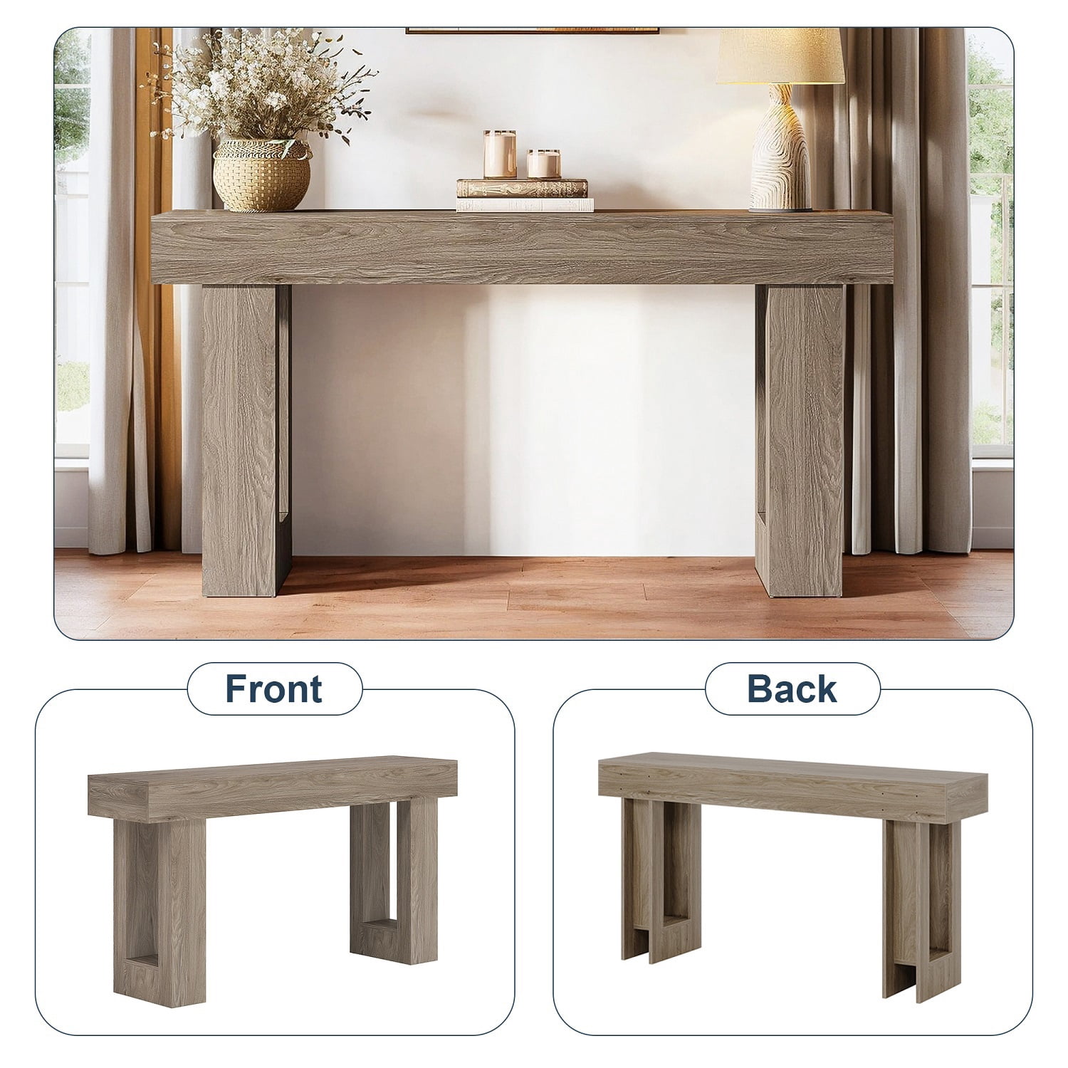 Topcobe 63-Inch Console Table, Farmhouse Wooden Sofa Table Entryway Table, Modern Furniture for Indoor, Living Room, Gray