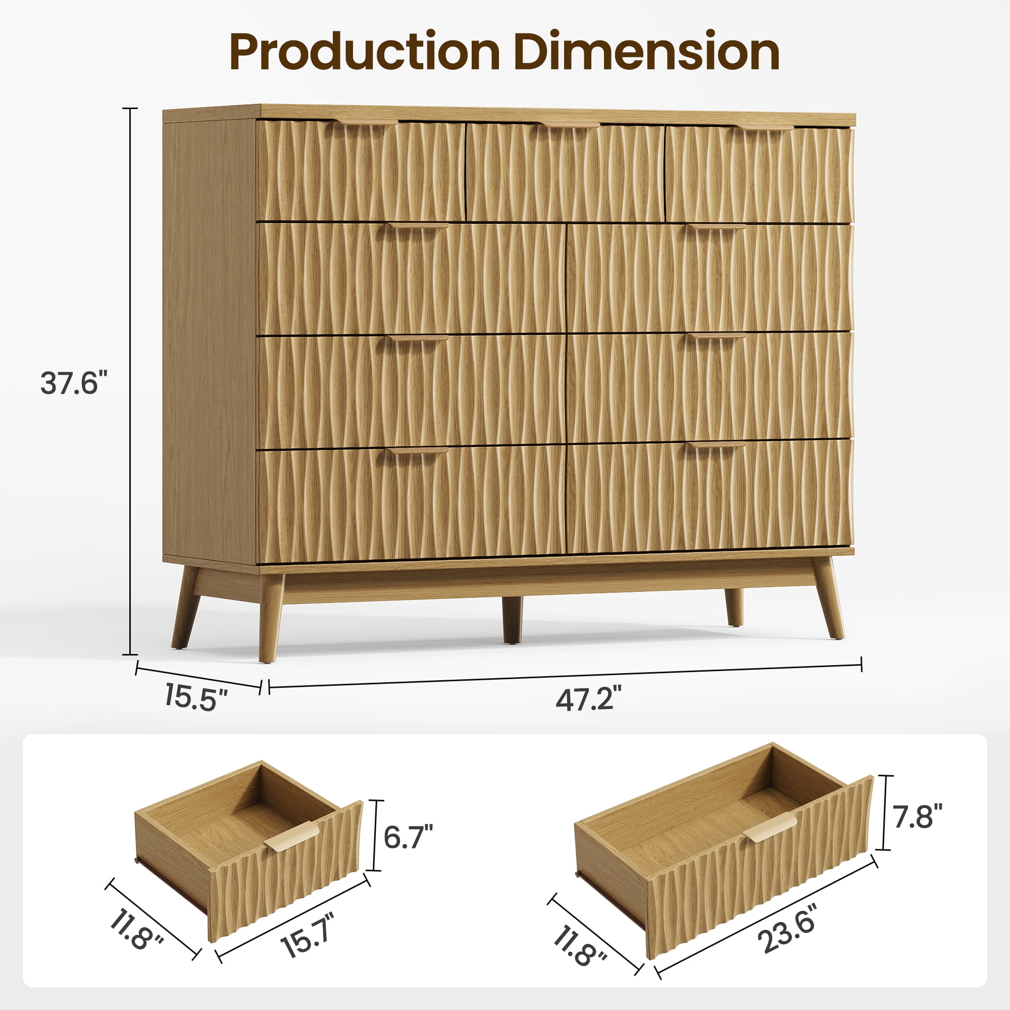 IDEALSOUL Oversized 9 Drawers Dresser for Bedroom, Wave Fluted Chest with Metal Handle, Wooden Dresser TV Stand, Wood Closet Clothes Storage Organizer for Living Room