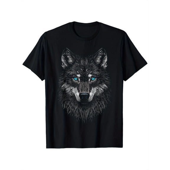 Men's Blue Eyes Wolf Art T-shirt-Short Sleeve, round Neck, Black, Stretch Fabric, Comfortable and Fashionable, Suitable for Daily Wear, Travel, Fitness, Fitness Clothing, Machine Washable