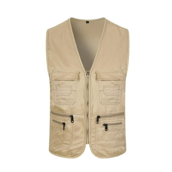 Work Clothes Vest Multi-pocket Solid Color Casual Sleeveless Zipper Working Clothing V Neck Plus Size Volunteer Vest for Fishing