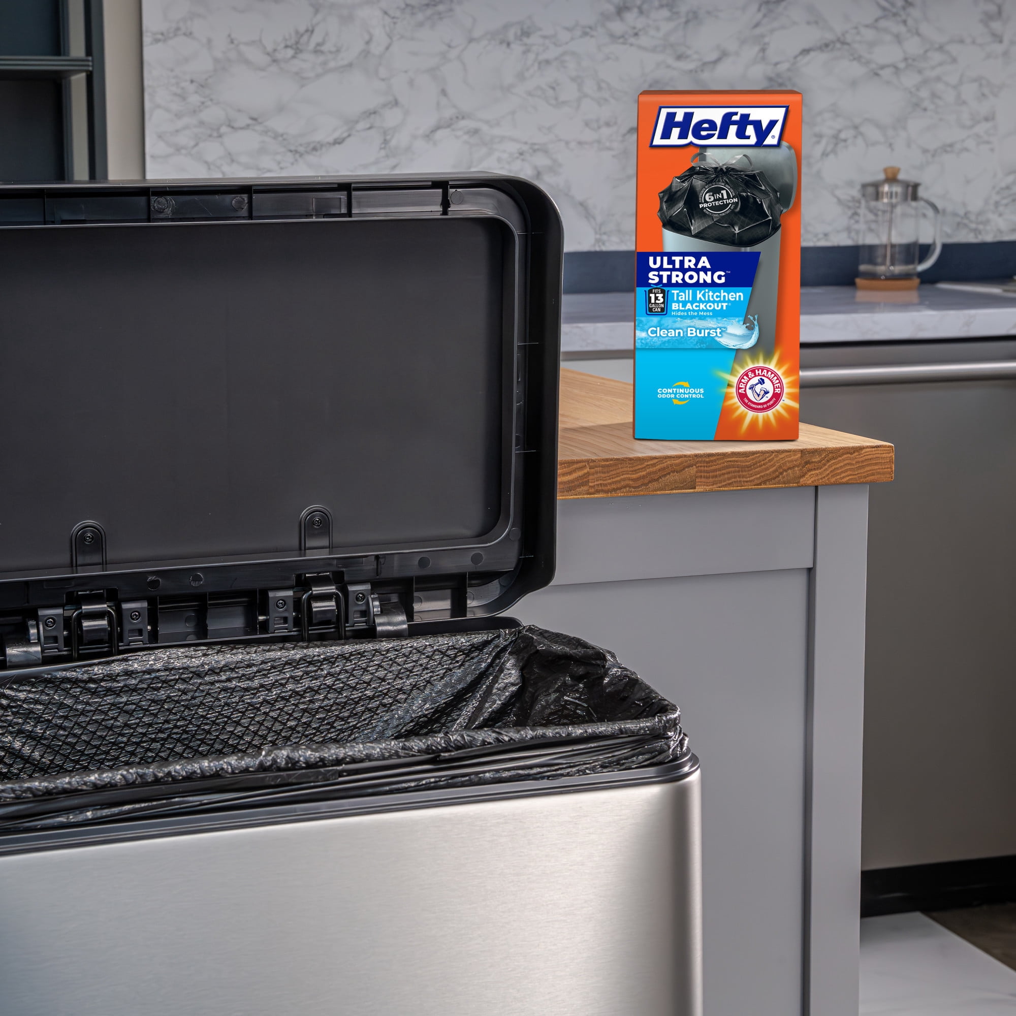 (6 pack) Hefty Ultra Strong 13 Gallon Trash Bags, Tall Kitchen Trash Bags, Blackout, Clean Burst Scent, 40 Bags