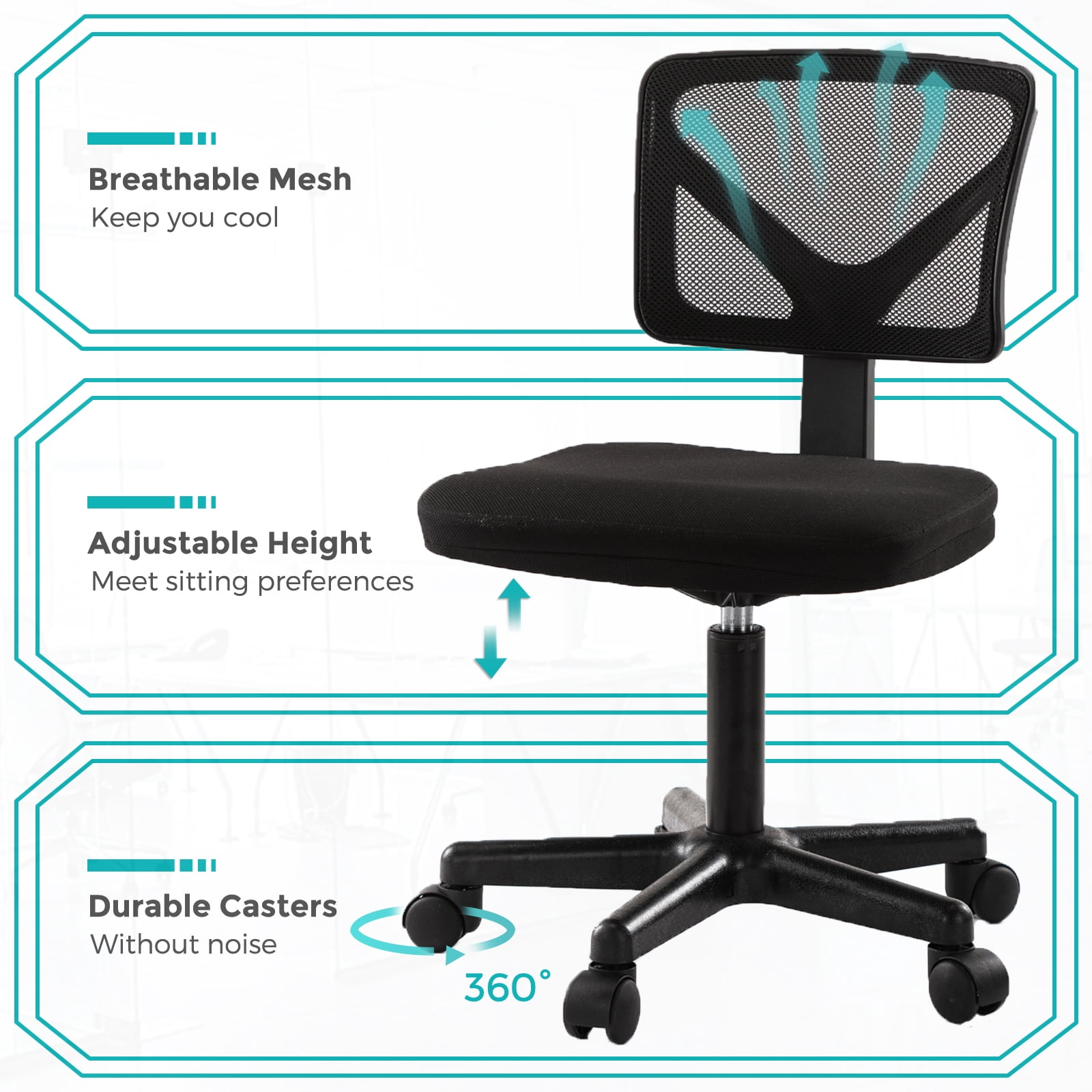 Home Office Armless Ergonomic Mesh Computer Desk Chair Height Adjustable