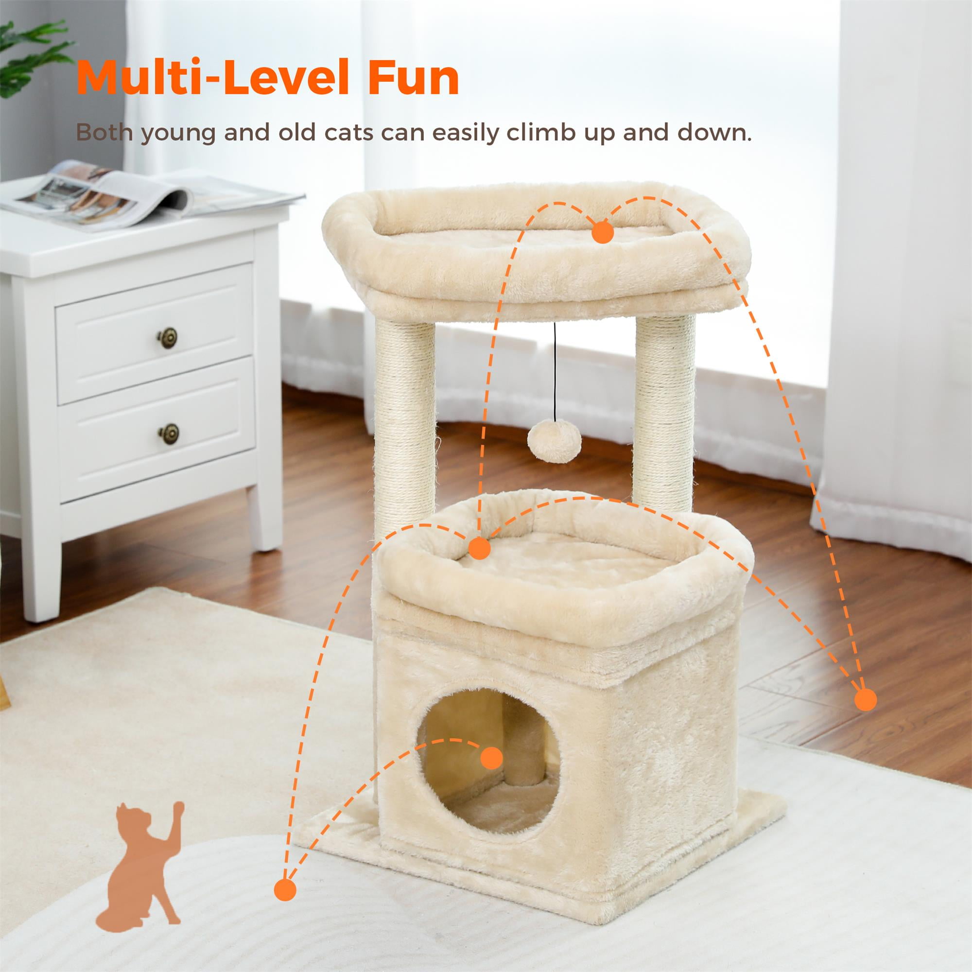 Pefilos 27" Cat Tree Tower for Indoor Cats with Private Cozy Cat Condo, Natural Sisal Scratching Posts and Plush Pom-pom for Small Cats, Beige Pefilos 27" Cat Tree Tower for Indoor Cats with Private Cozy Cat Condo, Natural Sisal Scratching Posts and Plush Pom-pom for Small Cats, Beige