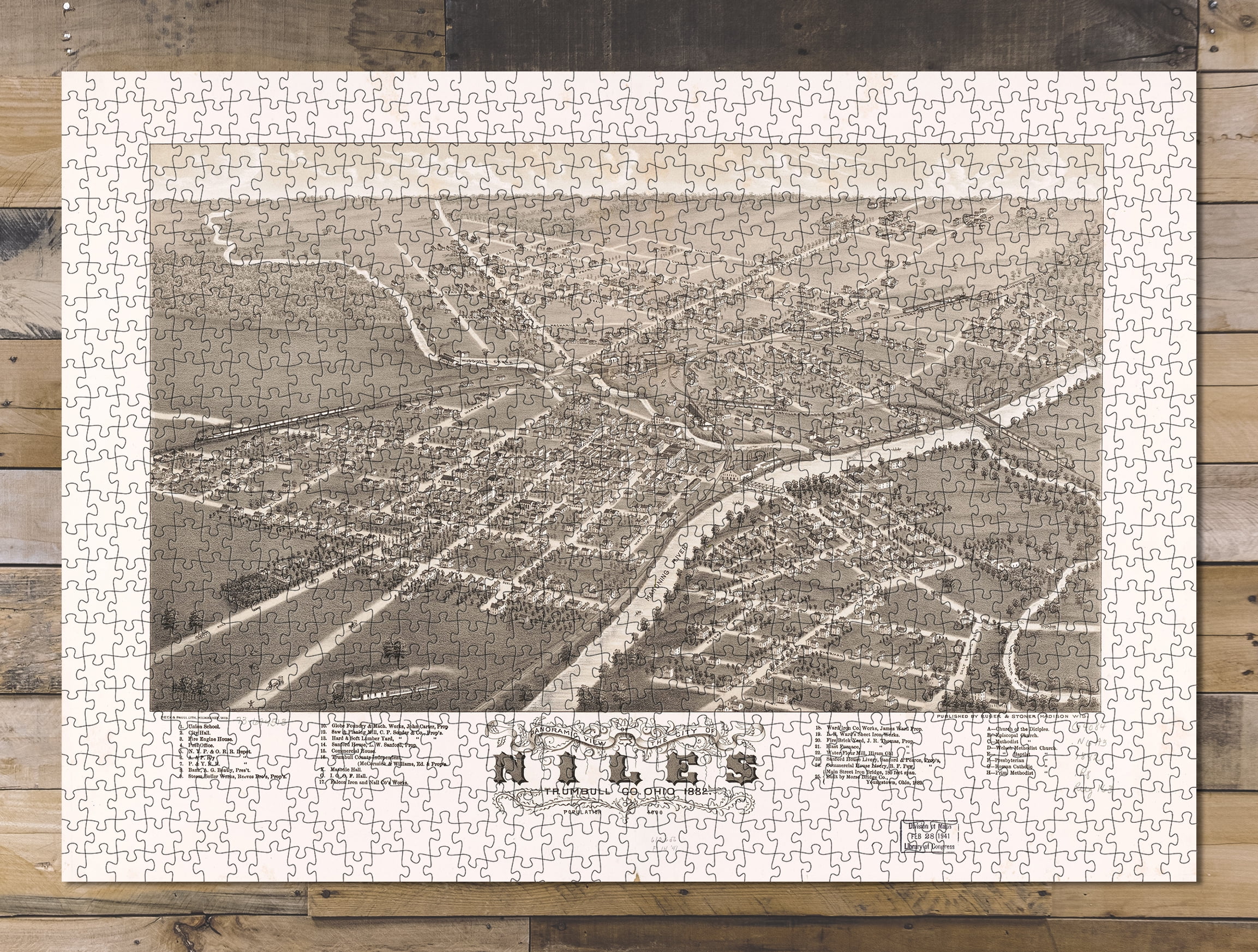 1000 piece puzzle1882 map Panoramic view of the city of Niles, Trumbull Co., Ohio 1882. Map
