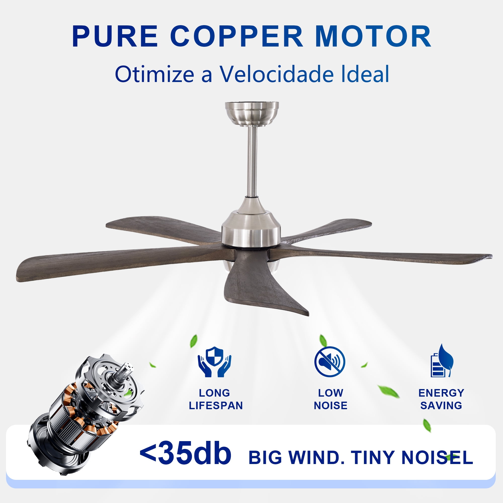 Leumius 52" Solid Wood Blades Ceiling Fan with Light and Remote Control,Quiet DC Motor 5 Blade Ceiling Fans 6 Speed Levels,Reversible for Patio Living Room Bedroom Office Nickel