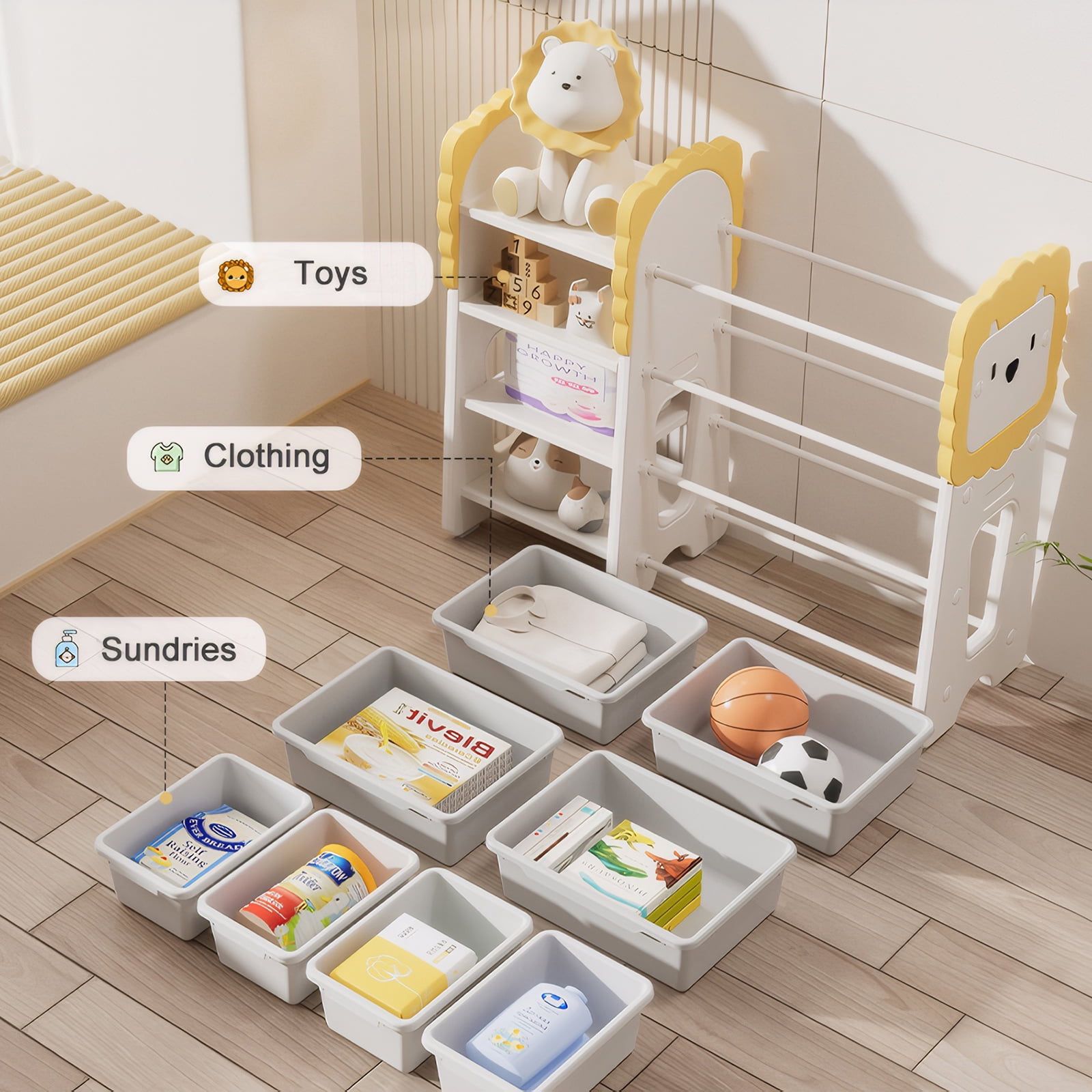 Kids Bookshelf and Toy Storage, 4-Tier Toy Organizers W/8 Removable Storage Bins, Kids Toy Storage Organizer for Study Room, Bedroom, Kids Room, Classroom, Nursery