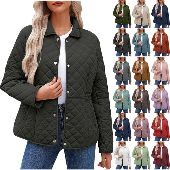 Otntypg Plus Size Women's Winter Quilted Jackets Lightweight Long Sleeve Button Down Diamond Puffer Jacket Plush Thick Warm Basic Lapel Collared Outerwear Coats with Pockets